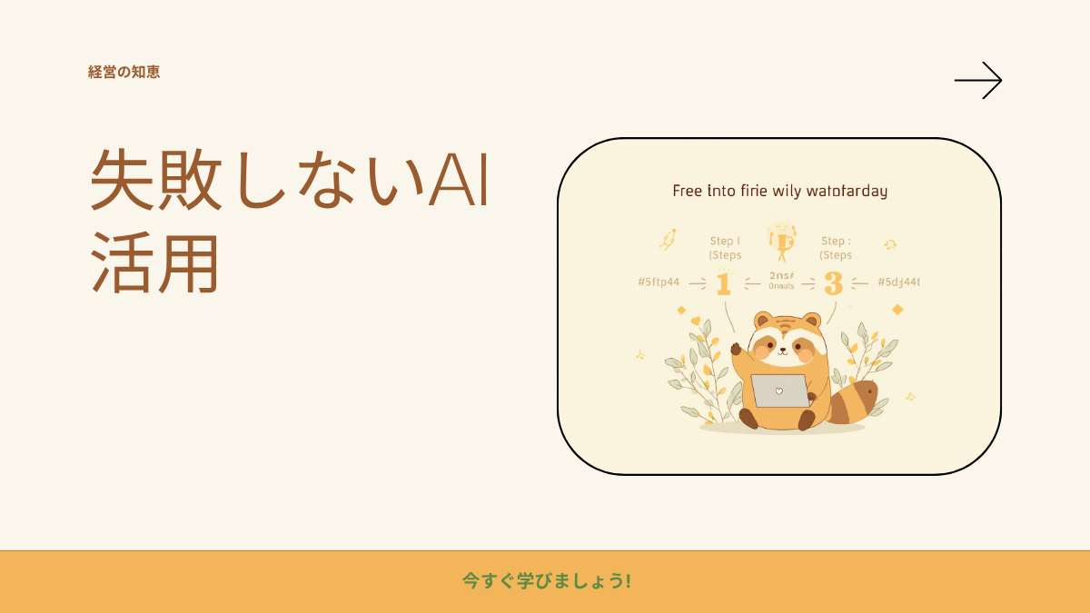 失敗しないAI活用の3ステップを説明する経営たぬきの図解